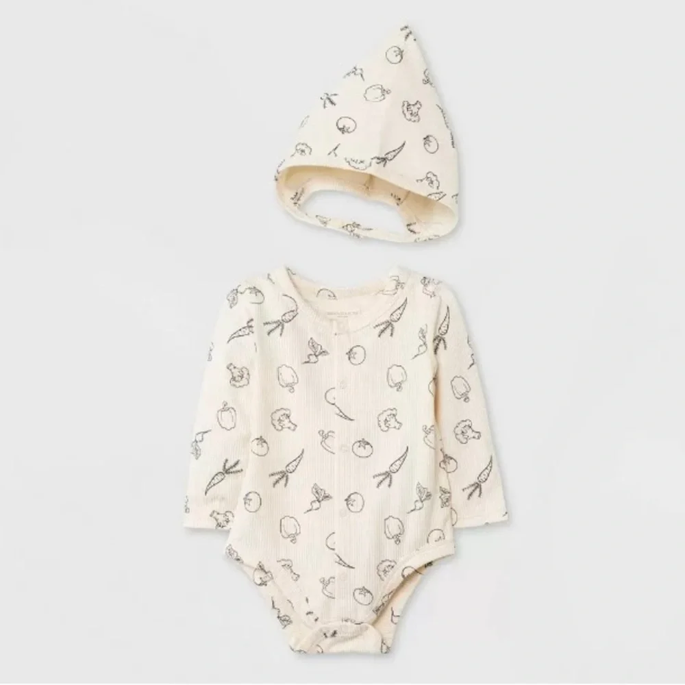 NWT Grayson Collective Baby Long Sleeve Ribbed Bodysuit Bonnet Set - Cream 3-6M